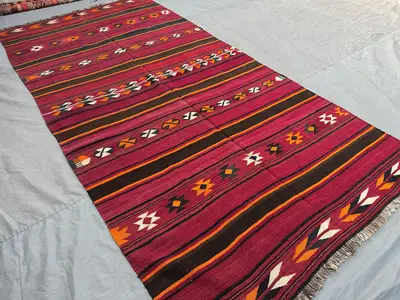 4'5x9'10 ft Afghan Baluchi Kilim Rug Handmade Flat Weave Wool Runner Vibrant Tribal Geometric Carpet | Vintage