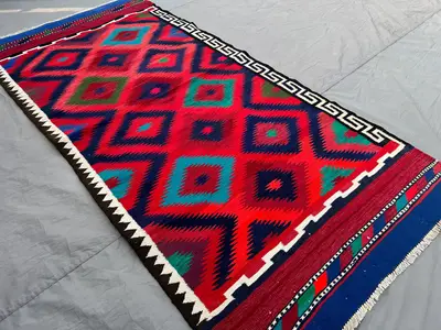 Afghan Kilim Runner | Vintage Flatweave Cotten Rug | Colorful Tribal Diamond Pattern | Long Hallway Carpet, En