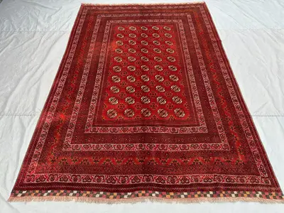 7 x 10 ft Vintage Hand Knotted Turkoman Ersari Rug, Red Tribal Geometric Design, One-of-a-Kind Soft Pile Wool 