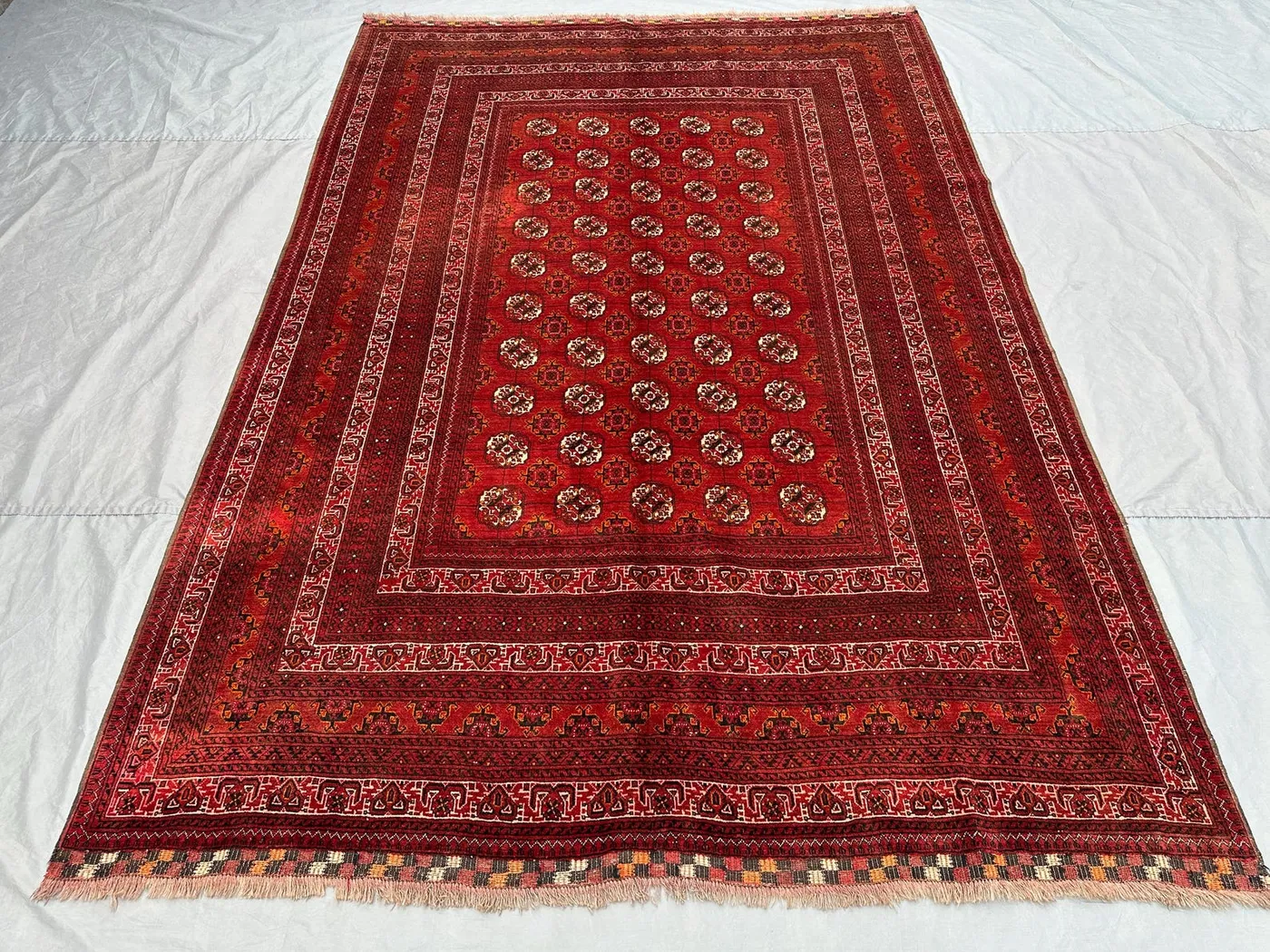 7 x 10 ft Vintage Hand Knotted Turkoman Ersari Rug, Red Tribal Geometric Design, One-of-a-Kind Soft Pile Wool rug | living room decor rug