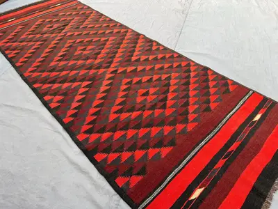 4'4x11'10 ft, Afghan Kilim Runner | Vintage Flatweave Wool Rug | Bold Tribal Diamond Pattern | Red Wide Long H