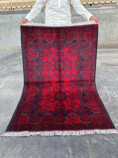 Afghan Hand-Knotted Khal Mohammadi Rug 3'5" x 5'0" | New Traditional Wool Carpet | Red Bukhara Geometric Triba