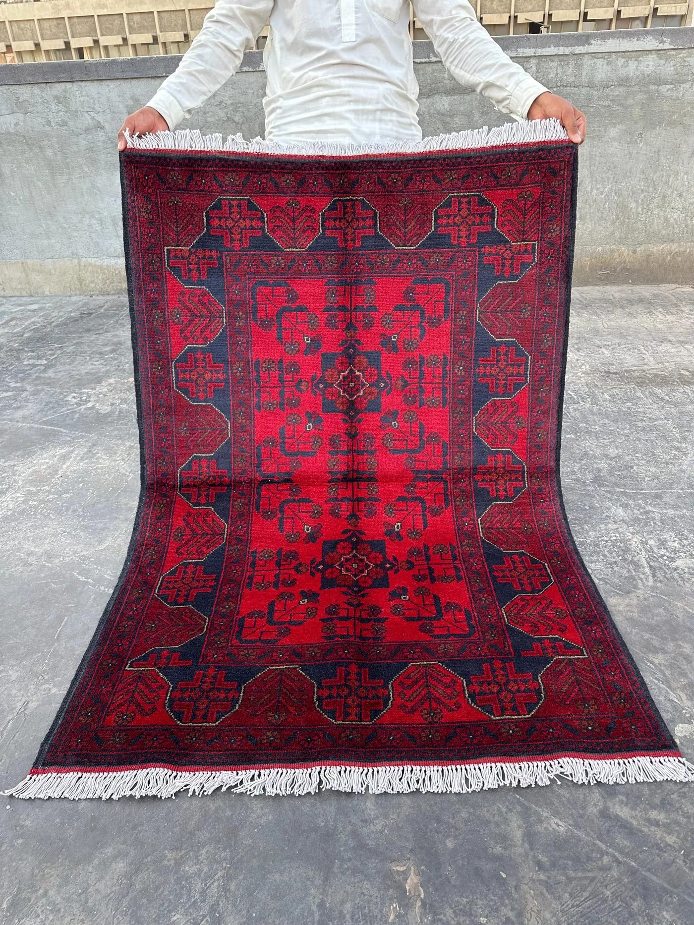 Afghan Hand-Knotted Khal Mohammadi Rug 3'5" x 5'0" | New Traditional Wool Carpet | Red Bukhara Geometric Tribal Rug | Andkhoy Handmade Rug
