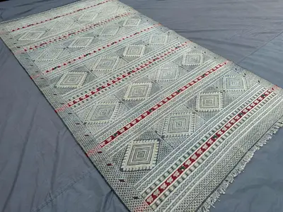 4'7x8'3 ft Antique Afghan Sumak Kilim Rug, Hand Woven Silk Flatweave Rug, Tribal Geometric Carpet, Vintage Col