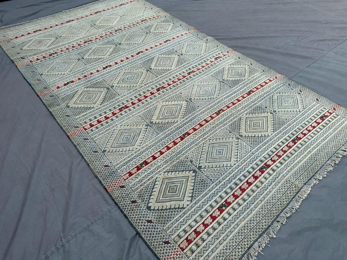 4'7x8'3 ft Antique Afghan Sumak Kilim Rug, Hand Woven Silk Flatweave Rug, Tribal Geometric Carpet, Vintage Collectible Area Rug, Bedroom Rug