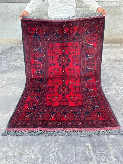 Afghan Hand-Knotted Turkmen Tribal Rug 3'5" x 5'0" | Modern Geometric Pattern | Red Bukhara Wool Carpet | New 