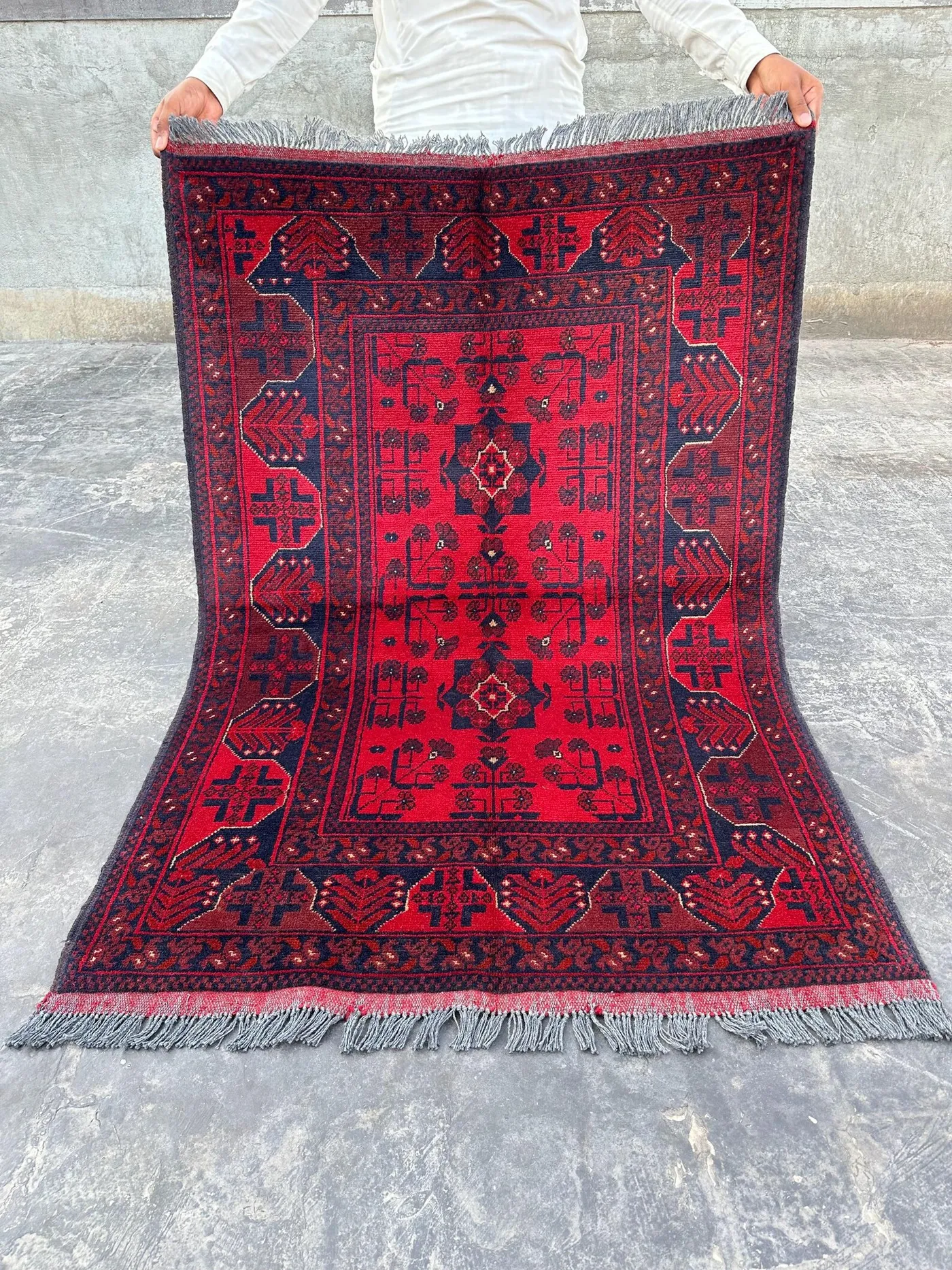 Afghan Hand-Knotted Turkmen Tribal Rug 3'5" x 5'0" | Modern Geometric Pattern | Red Bukhara Wool Carpet | New Handmade Afghan Area Rug