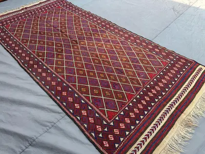 4'5x9'5 ft Afghan Kilim Rug | Handmade Tribal Wool Baluch Rug | Geometric Pattern | Outdoor Area Rug | Bohemia