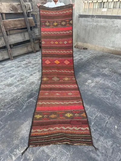 Antique Turkmen Handwoven Runner Rug 3'5" x 9'9" | Tribal Wool Faded Kilim | Turkish-Style Hallway Carpet | Vi