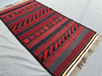 4x7 Antique Afghan Baluchi Kilim Rug | Tribal Flat Weave Wool Rug | Handmade Turkish Style Striped Kilim | Red
