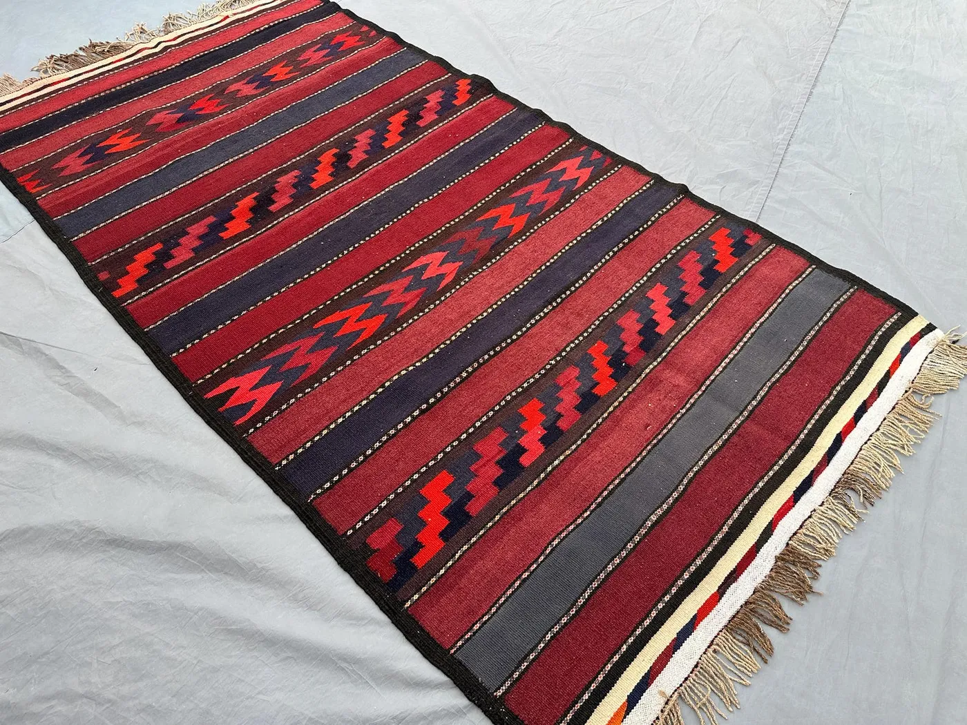 4x7 Antique Afghan Baluchi Kilim Rug | Tribal Flat Weave Wool Rug | Handmade Turkish Style Striped Kilim | Red Black Boho Decor kitchen rug