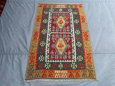 3x6 Vintage Afghan Flat Weave Kilim Rug | Tribal Wool Carpet | Turkish Style Kilim, Geometric Design | Boho Ar