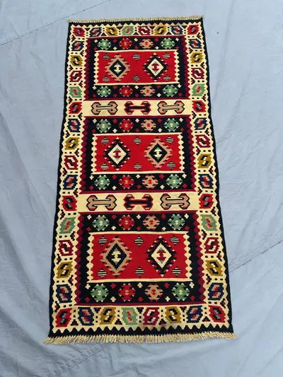 2'3x4'9 Vintage Turkish Kilim Rug | Tribal Flat Weave Wool Rug | Handwoven Geometric Red Black Decor | Small B