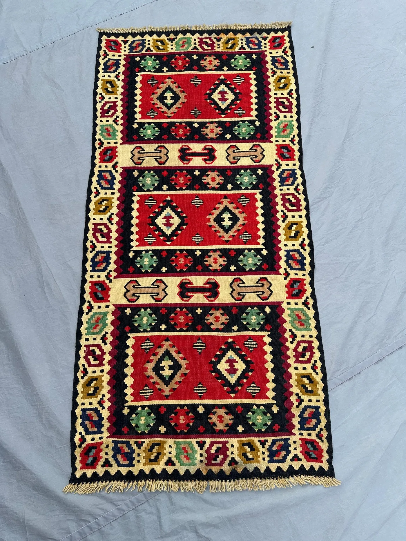 2'3x4'9 Vintage Turkish Kilim Rug | Tribal Flat Weave Wool Rug | Handwoven Geometric Red Black Decor | Small Boho Area Carpet, Bathroom rug