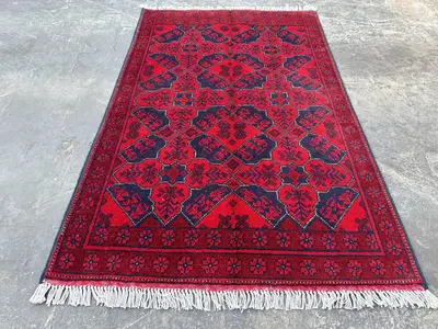 Afghan Hand-Knotted Khal Mohammadi Rug 2'8" x 4'1" | Traditional Red Bukhara Wool Carpet | Small Tribal Accent