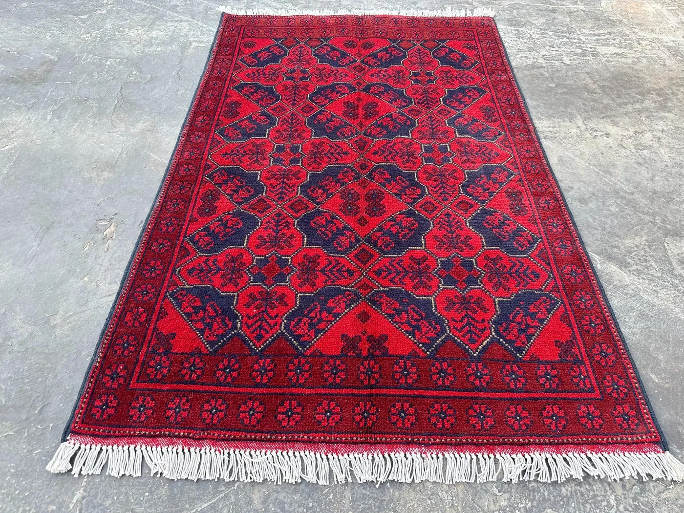 Afghan Hand-Knotted Khal Mohammadi Rug 2'8" x 4'1" | Traditional Red Bukhara Wool Carpet | Small Tribal Accent Rug | Handmade Geometric Rug