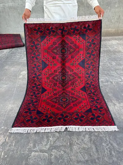 Afghan Hand-Knotted Khal Mohammadi Rug 2'8" x 4'0" | Traditional Red Bukhara Wool Carpet | Andkhoy Tribal Geom