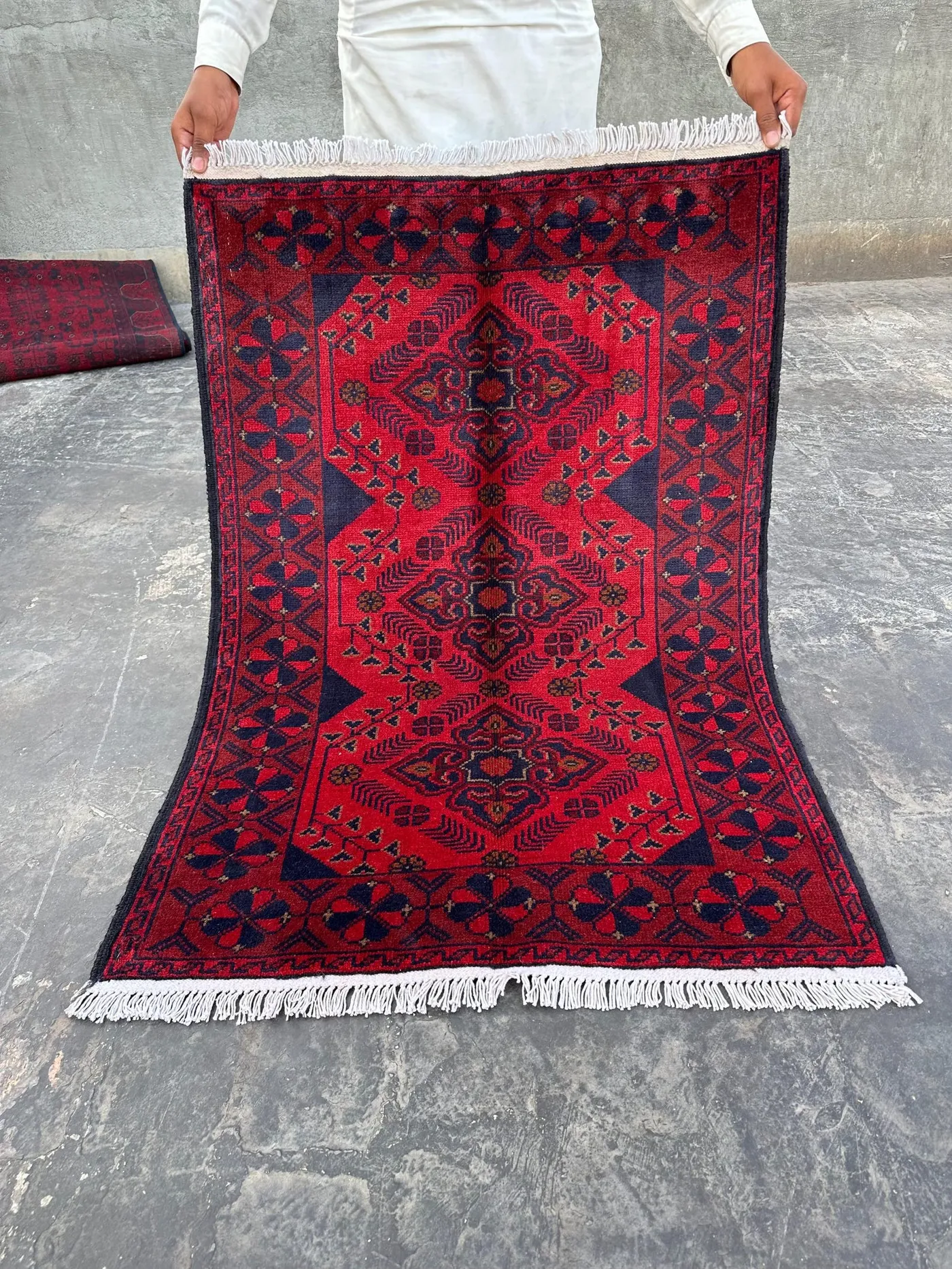 Afghan Hand-Knotted Khal Mohammadi Rug 2'8" x 4'0" | Traditional Red Bukhara Wool Carpet | Andkhoy Tribal Geometric Small Accent Rug