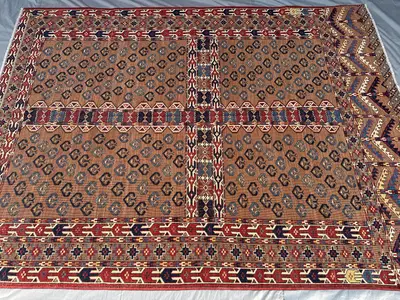 5'8x7'7 Vintage Afghan Turkmen Ersari Ensi Rug | Hatchli Door-Rug Design | Camel, Red & Indigo Tribal Wool Car