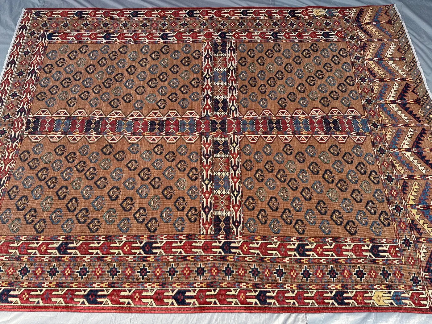 5'8x7'7 Vintage Afghan Turkmen Ersari Ensi Rug | Hatchli Door-Rug Design | Camel, Red & Indigo Tribal Wool Carpet | Bohemian Area Rug