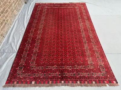 6 x 9 ft Vintage Afghan Hand Knotted Turkoman Ersari Rug Red Geometric Design Soft Pile Large Area rug | livin