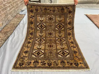 4x5 Vintage Afghan Hand Knotted Tribal Wool Rug Brown Beige Geometric Pattern, One of a Kind Nomadic Oriental 