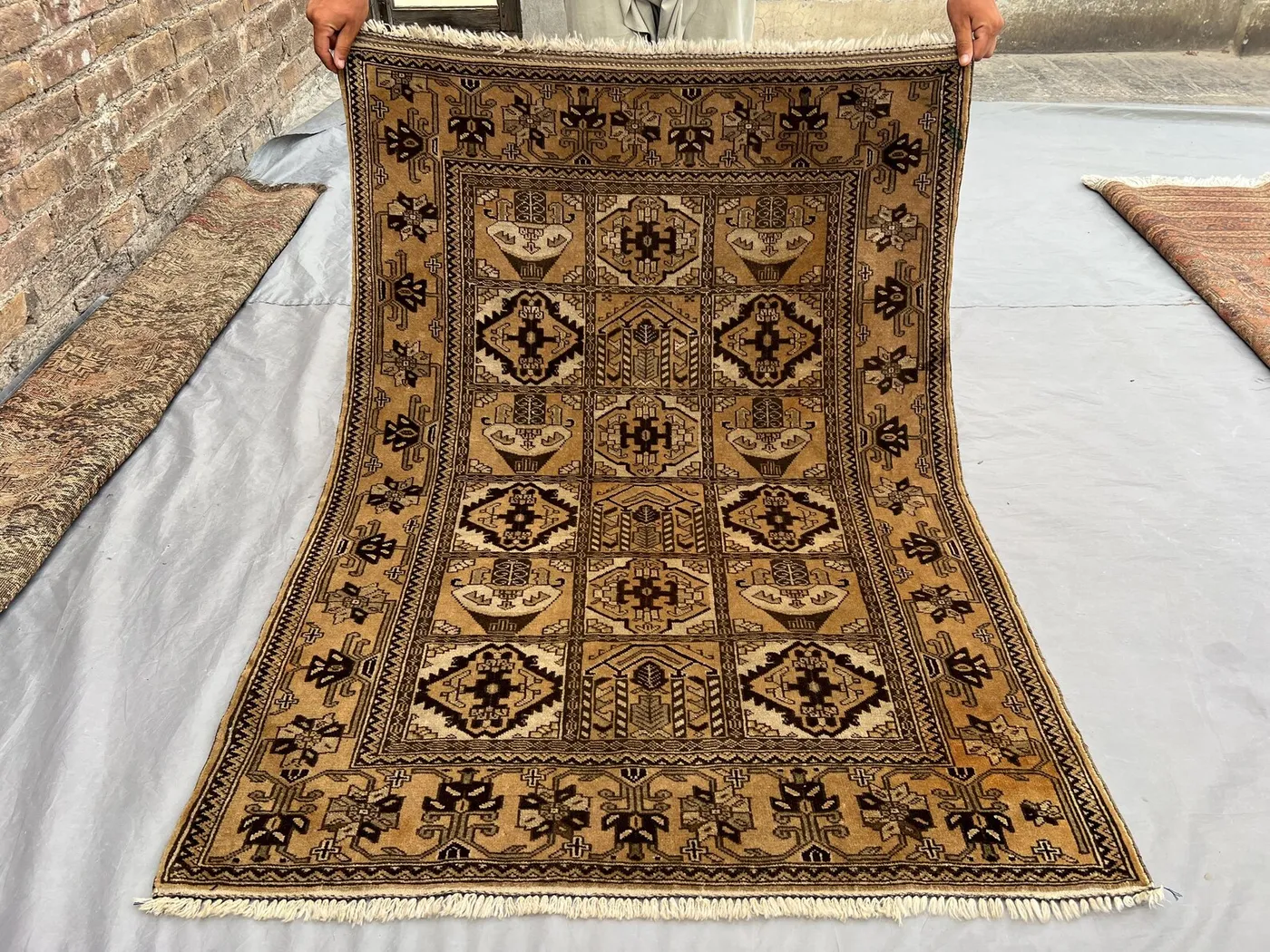 4x5 Vintage Afghan Hand Knotted Tribal Wool Rug Brown Beige Geometric Pattern, One of a Kind Nomadic Oriental Area Carpet, Bedroom Rug