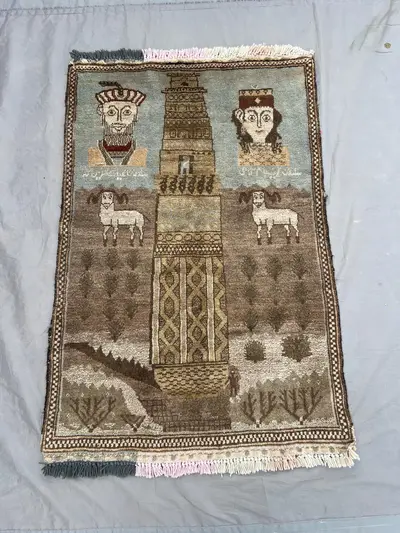 3x4 Vintage Afghan Hand Knotted Pictorial Rug | Animal and Man Design | Rare Collectible Wool rug | Tribal Wal