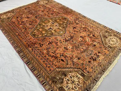 5 x 8 Antique Turkish Inspired Rug, Hand Knotted Wool Carpet, Caucasian Medallion Design, Soft Pile Faded Mute