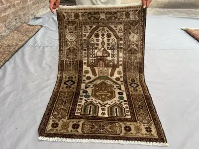 2'3 x 3'7 ft Vintage Afghan Hand Knotted Wool Prayer Rug, Brown Cream Tribal Geometric Mosque Design, Unique S
