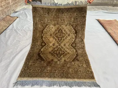 2'10 x 4 Vintage Afghan Kahla Mohammadi Rug, Terracotta Faded Hand Knotted Wool Carpet, Tribal Geometric Nomad