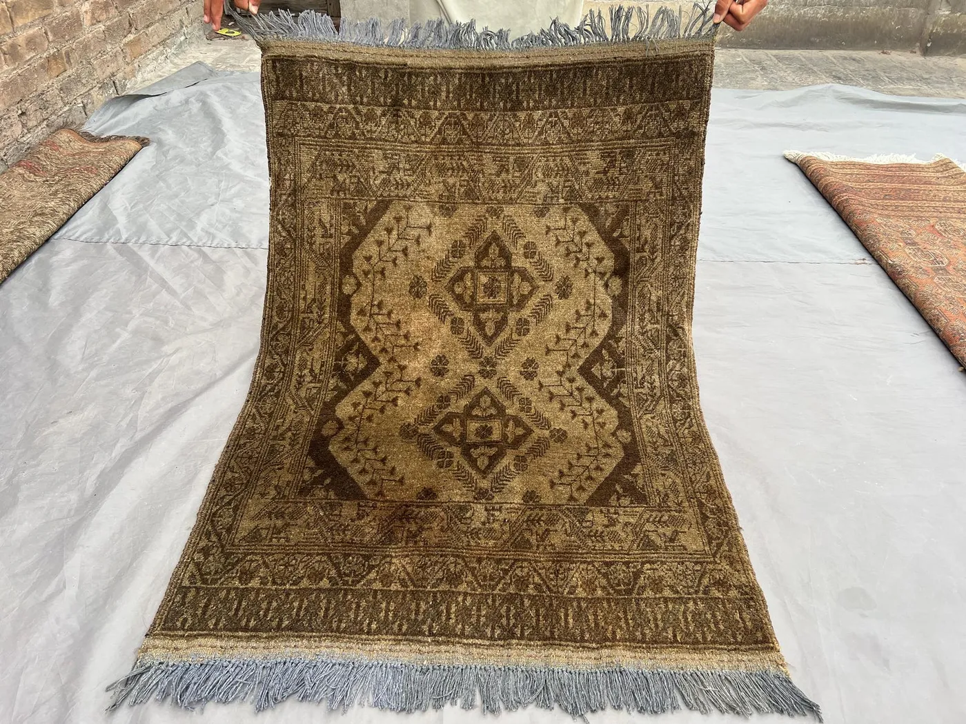 2'10 x 4 Vintage Afghan Kahla Mohammadi Rug, Terracotta Faded Hand Knotted Wool Carpet, Tribal Geometric Nomadic Oriental Area Rug, Moss Rug