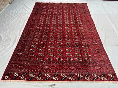7 x 11 ft Afghan hand knotted vintage Turkmen Bashiri rug, red large oriental rug soft pile tribal design, are