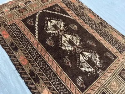 3'2" x 4'9" Vintage Afghan Prayer Rug, Hand-Knotted Wool, Geometric Pattern, Tribal Design, Rare Home Decor, S