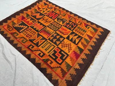 4x5 Vintage Afghan Kilim Rug | Tribal Handwoven Wool Flat Weave | Ethnic Nomadic Pattern | Orange Brown Morocc