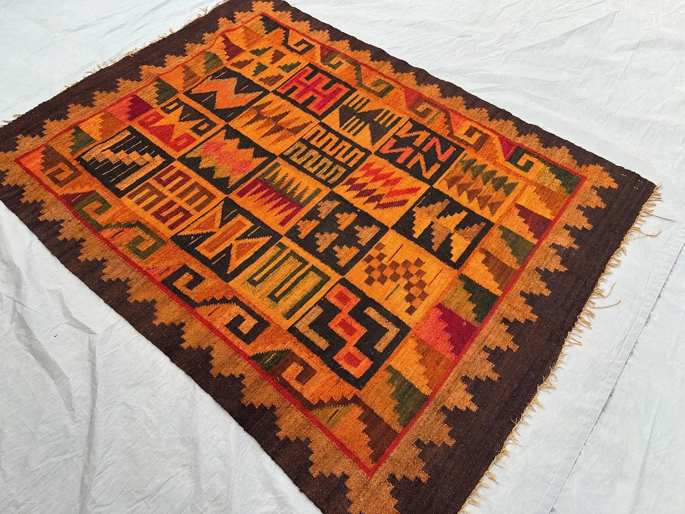 4x5 Vintage Afghan Kilim Rug | Tribal Handwoven Wool Flat Weave | Ethnic Nomadic Pattern | Orange Brown Moroccan Style Area Rug, Bedroom rug