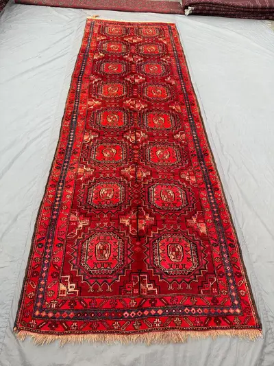 5 x 13 Vintage Turkoman Bokhara Rug, Hand Knotted Wool Runner, Red Geometric Design, Long Corridor rug, Tribal