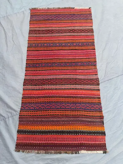 Afghan Kilim Rug 3x6'3 ft | Handmade Wool Flatweave Runner | Pink Orange Tribal Striped Rug | Vintage Ethnic B