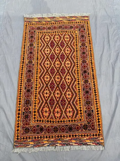 Handwoven Sumak Kilim Rug 3x5 Handmade Wool Tribal Rug, Vintage Geometric Carpet, Bohemian Nomadic Area Rug, h