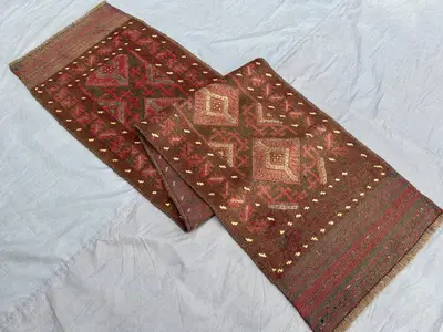 2x8'4 ft Antique Afghan Handmade Runner Rug | Tribal Mishwani Baluch Wool Rug | Vintage Terracotta Hallway Car