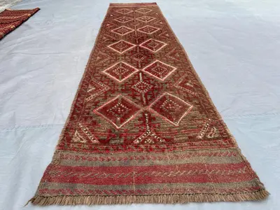 2x8 Antique Afghan Handmade Runner Rug | Tribal Mishwani Baluch Wool Rug | Vintage Terracotta Hallway Carpet |