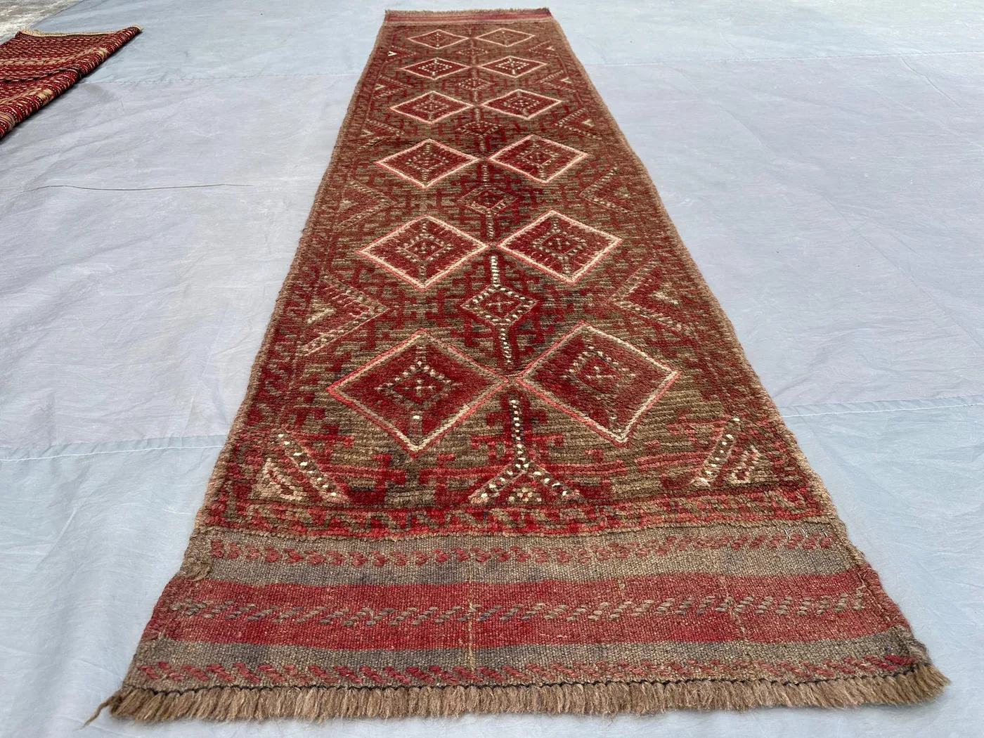 2x8 Antique Afghan Handmade Runner Rug | Tribal Mishwani Baluch Wool Rug | Vintage Terracotta Hallway Carpet | Rustic Bohemian Kitchen Rug