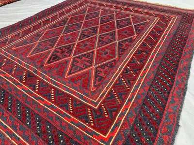 Afghan Mishwani Baluch Kilim Rug 5' x 6'1" – Handwoven Wool Tribal Rug, Vintage Geometric Flatweave Carpet, Bo