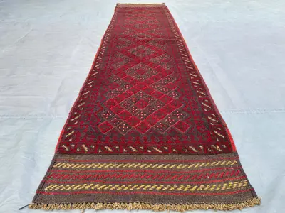 2x9 Afghan Baluch Runner Rug | Vintage Mishwani Wool Rug | Handwoven Kilim Mixed Carpet, Tribal Hallway Runner
