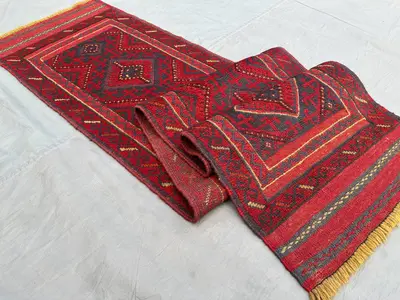 2x9 Afghan Mishwani Runner Rug | Vintage Tribal Wool Carpet | Red Narrow Hallway Rug | Handwoven Kilim Mixed L