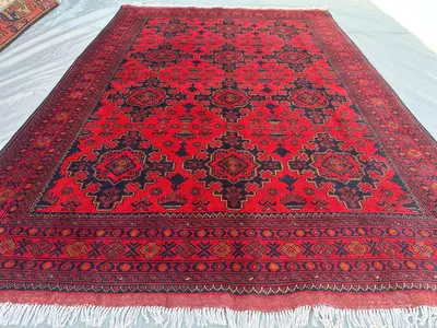 Vintage Afghan Red Rug 5'7x8'0 ft | Hand-Knotted Turkmen Bukhara Carpet | Tribal Wool Area Rug | Traditional N
