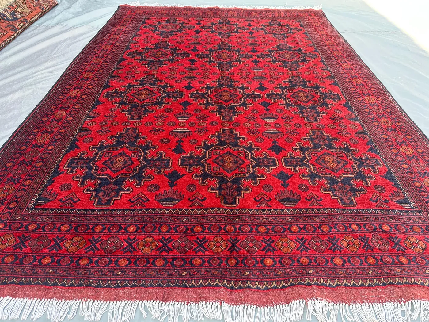 Vintage Afghan Red Rug 5'7x8'0 ft | Hand-Knotted Turkmen Bukhara Carpet | Tribal Wool Area Rug | Traditional Nomadic Bohemian Livingroom rug