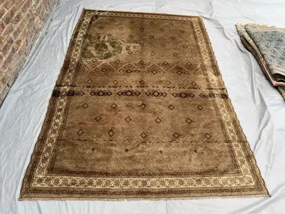 5'8" x 8'6" Antique Terracotta Faded Afghan Handmade Rug, Soft Wool, Tribal Geometric Design, Vintage Wool Car