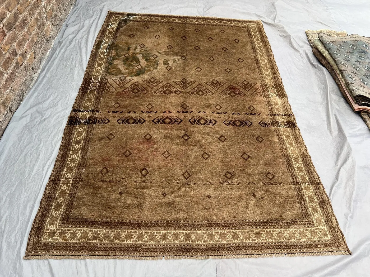 5'8" x 8'6" Antique Terracotta Faded Afghan Handmade Rug, Soft Wool, Tribal Geometric Design, Vintage Wool Carpet, Rare Bedroom Rug Decor