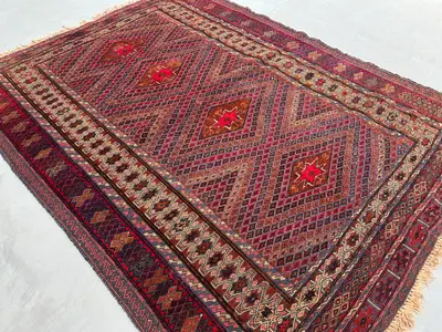 4'1" x 5'4" ft Antique Afghan Baluch Rug, Hand Knotted Tribal Wool Carpet, Geometric Vintage Area Rug for Livi